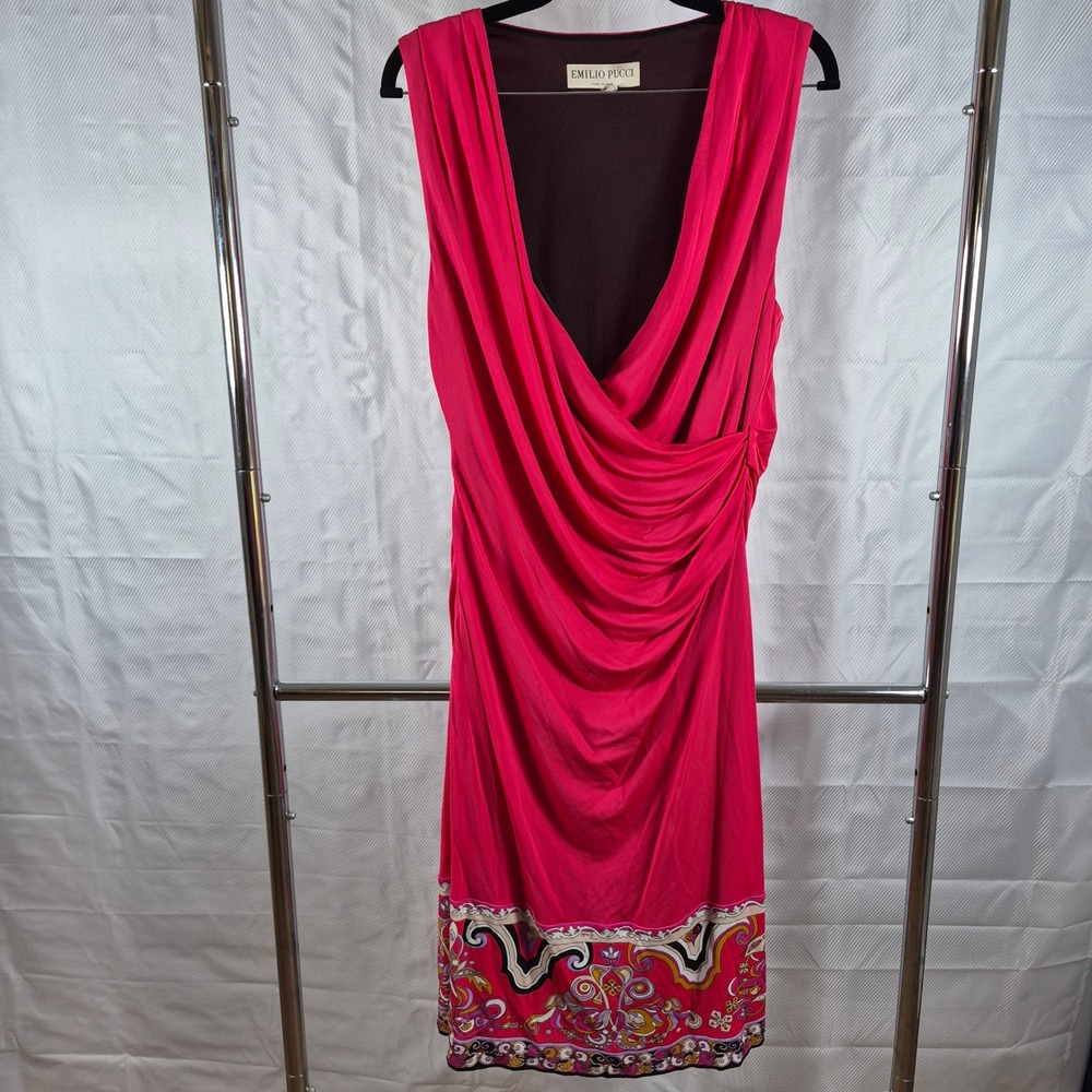Emilio Pucci Draped Sheath Dress Ruched Border Print 12 Pink Womens